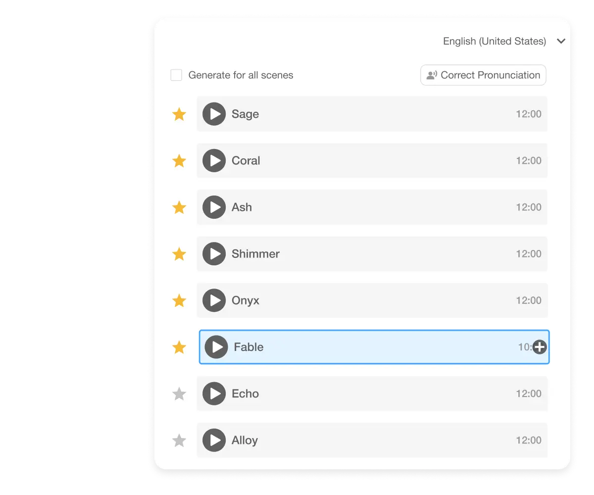 AI Voice Over feature showcasing diverse AI voices for selecting the perfect match for your brand's tone and message.